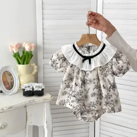 مجموعة اروين   ARWEN & AJH GROUP 2024 Summer New Female Baby Chinese Ink Floral Two-piece Lapel Short-sleeved Shirt   Bag Fart Pants Suit