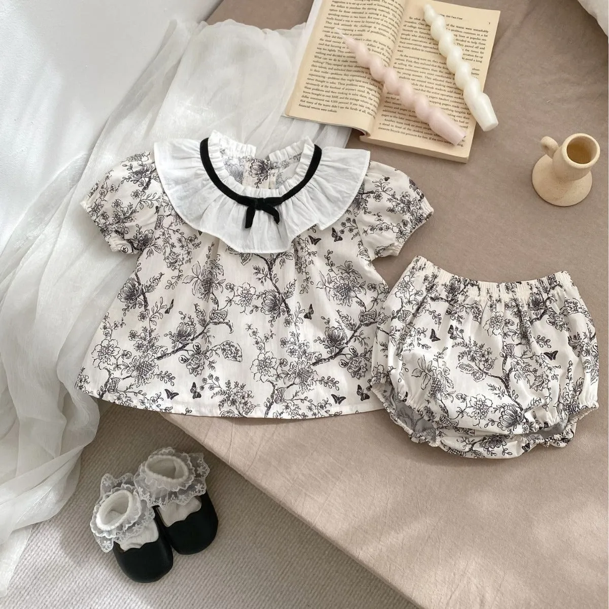مجموعة اروين   ARWEN & AJH GROUP 2024 Summer New Female Baby Chinese Ink Floral Two-piece Lapel Short-sleeved Shirt   Bag Fart Pants Suit