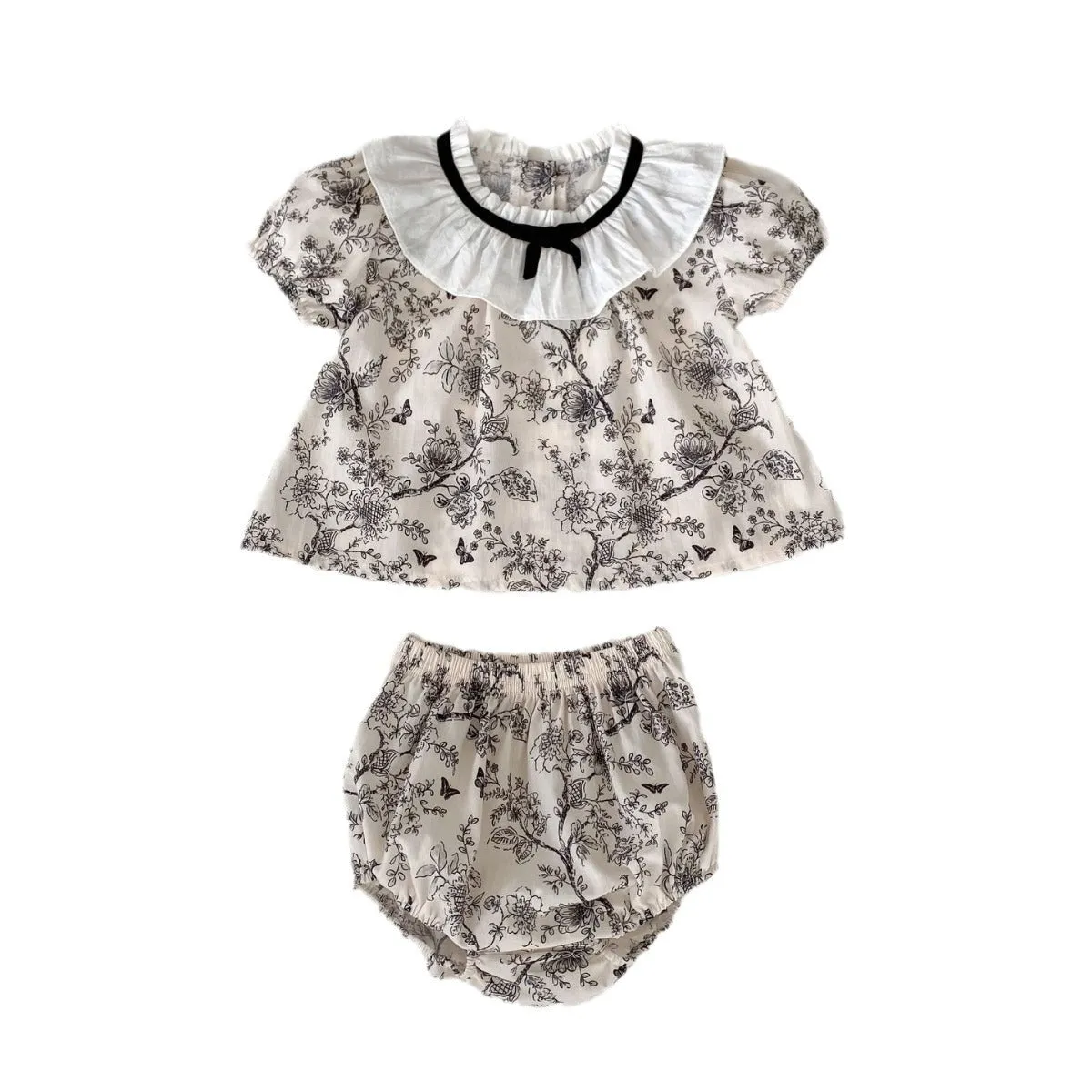 مجموعة اروين   ARWEN & AJH GROUP 2024 Summer New Female Baby Chinese Ink Floral Two-piece Lapel Short-sleeved Shirt   Bag Fart Pants Suit