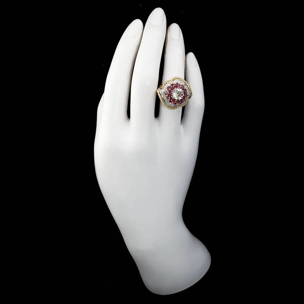1.60 Carat 1960s Old European Cut Diamond Ruby Gold Cocktail Ring I color  VS1