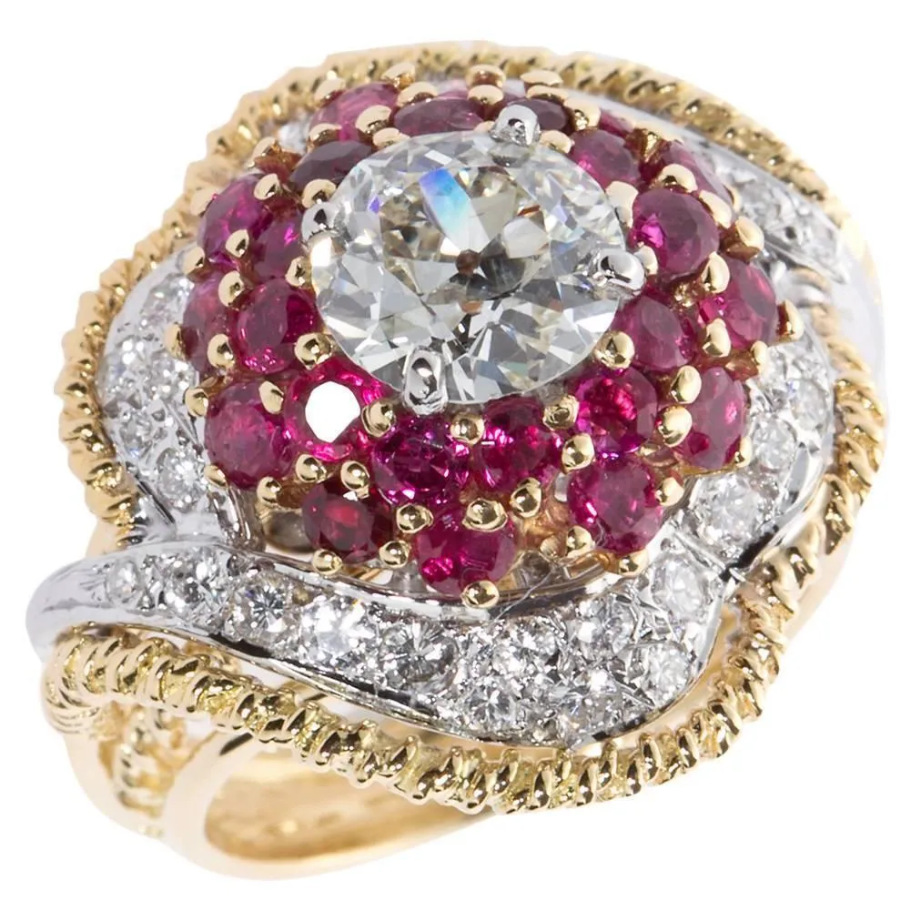 1.60 Carat 1960s Old European Cut Diamond Ruby Gold Cocktail Ring I color  VS1