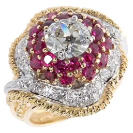 1.60 Carat 1960s Old European Cut Diamond Ruby Gold Cocktail Ring I color  VS1