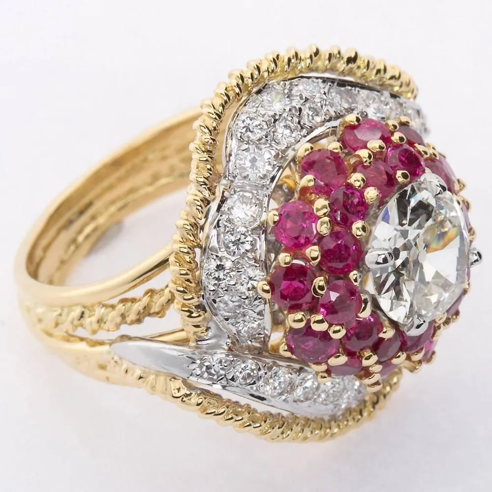 1.60 Carat 1960s Old European Cut Diamond Ruby Gold Cocktail Ring I color  VS1