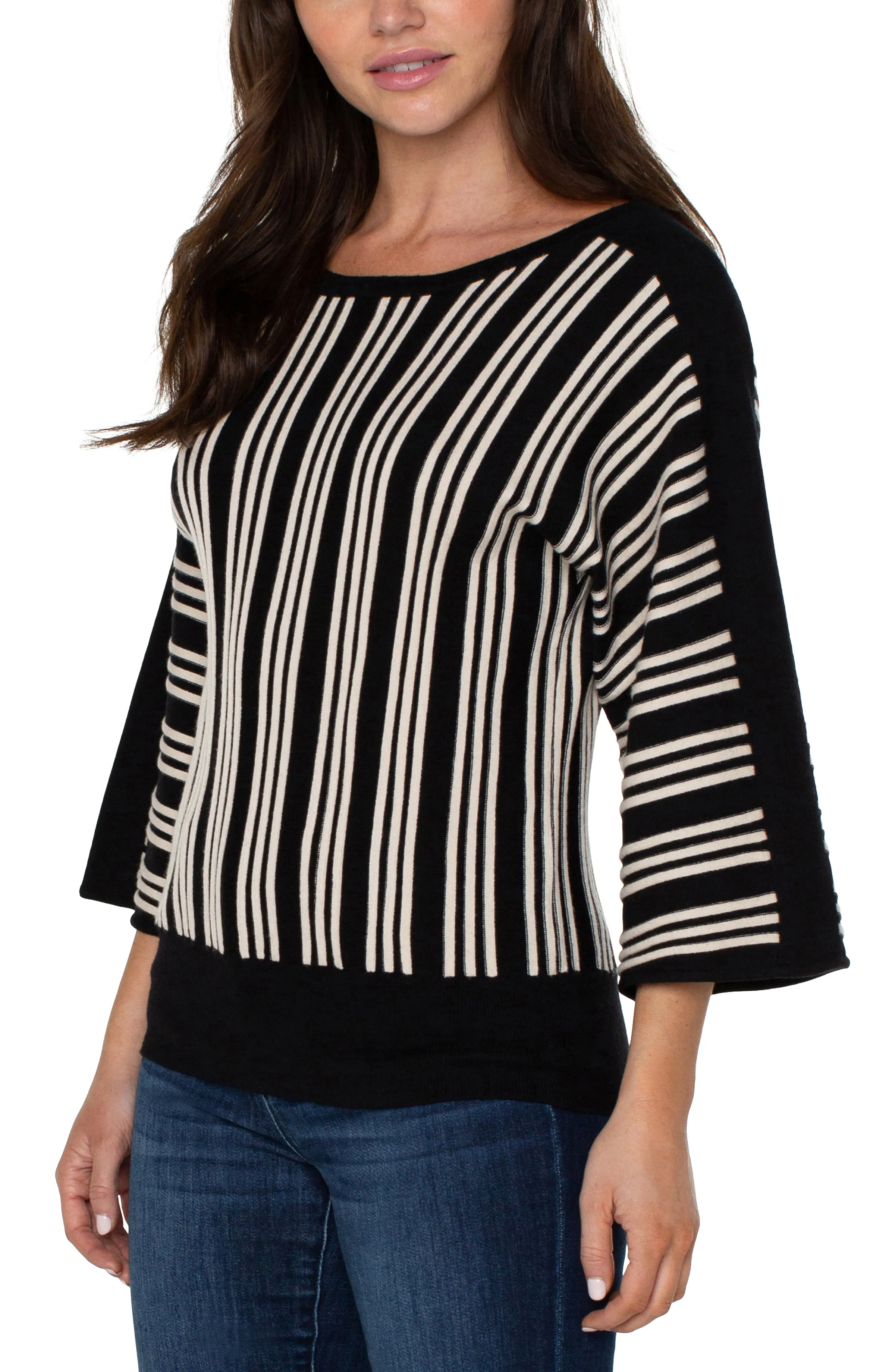 3/4 Dolman with Vertical Stripe Top | Black/Ecru