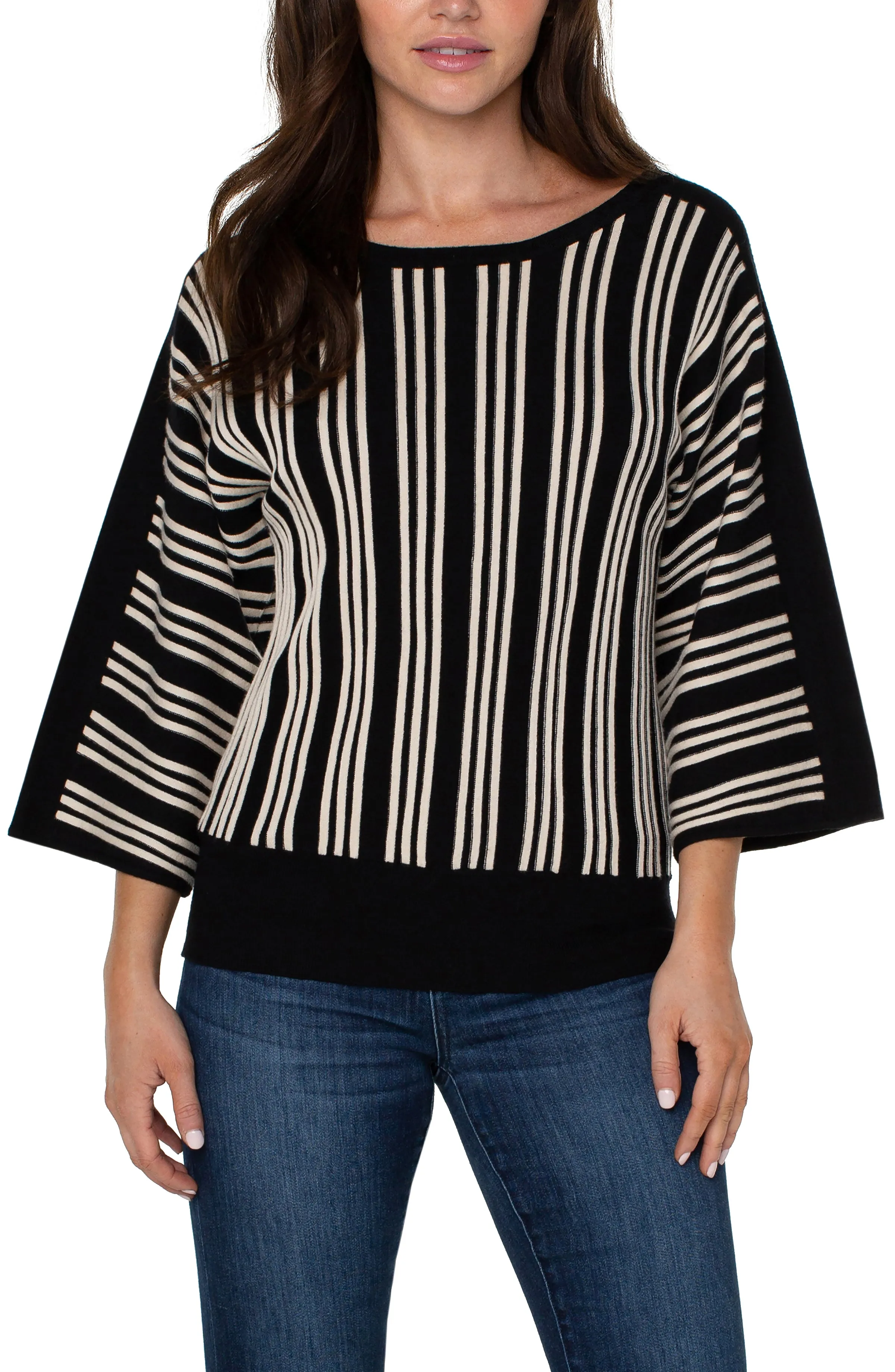 3/4 Dolman with Vertical Stripe Top | Black/Ecru