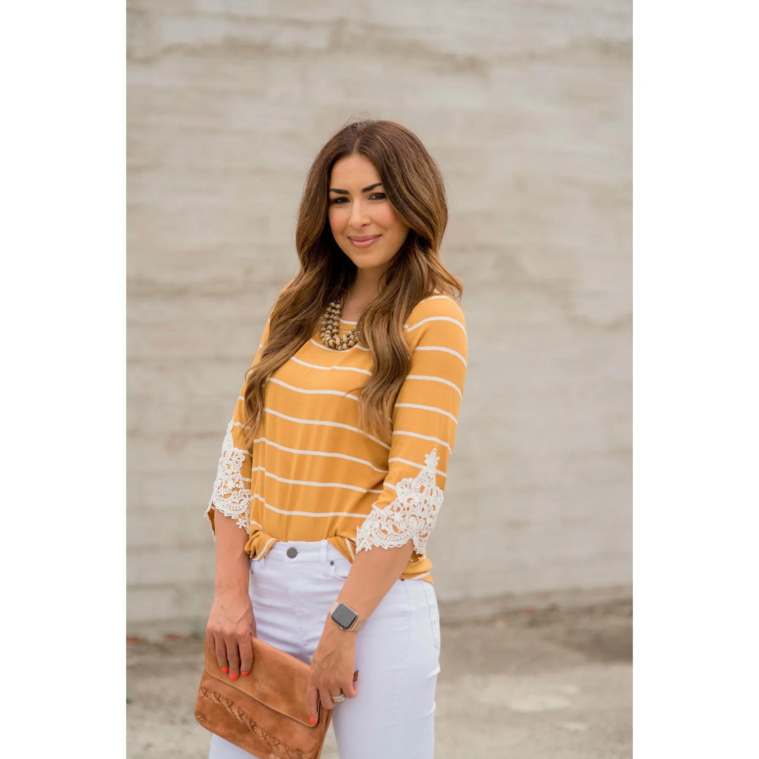 3/4 Sleeve Striped Lace Accent Tee