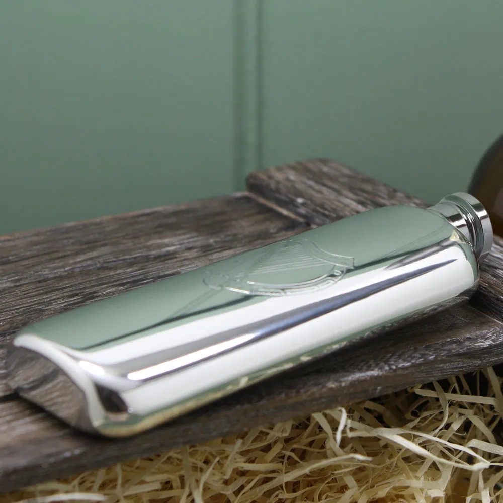 3oz Slimline Pewter Hip Flask with Irish Harp Design