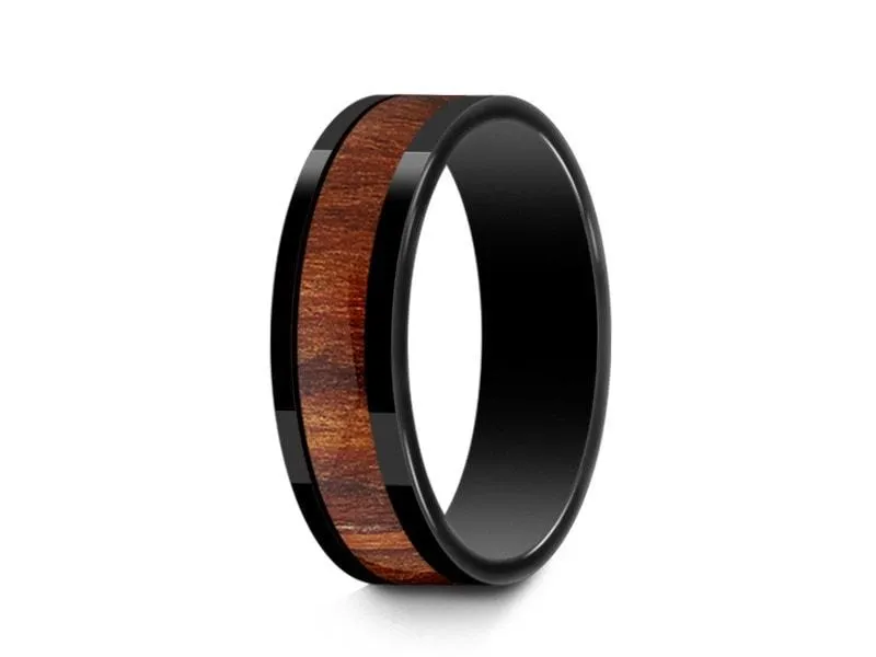 6MM BLACK CERAMIC WEDDING BAND FLAT AND HAWAIIAN KOA WOOD INLAY