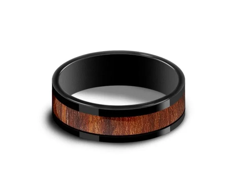 6MM BLACK CERAMIC WEDDING BAND FLAT AND HAWAIIAN KOA WOOD INLAY