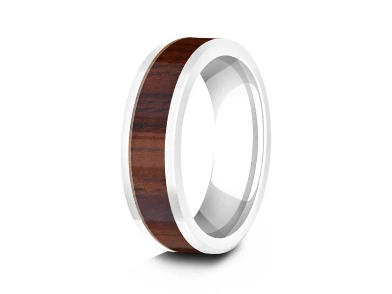 6MM White Ceramic WEDDING BAND FLAT AND HAWAIIAN KOA WOOD INLAY