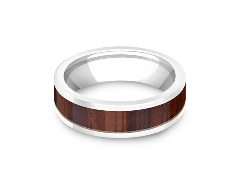 6MM White Ceramic WEDDING BAND FLAT AND HAWAIIAN KOA WOOD INLAY