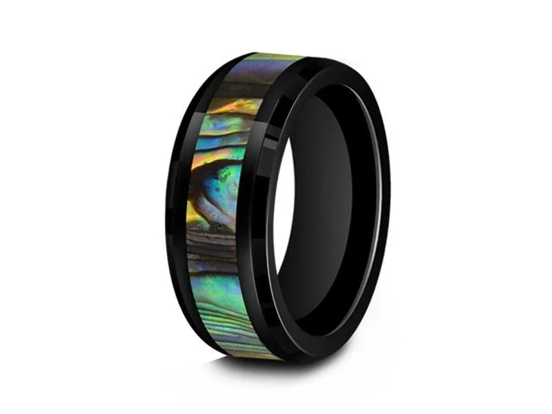 8MM BLACK CERAMIC WEDDING BAND BEVELED AND ABALONE SHELL INLAY