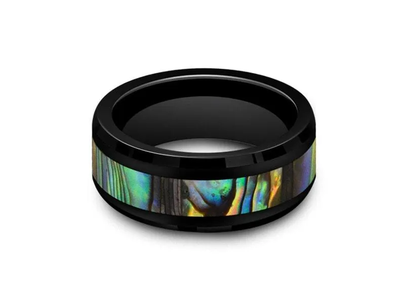 8MM BLACK CERAMIC WEDDING BAND BEVELED AND ABALONE SHELL INLAY
