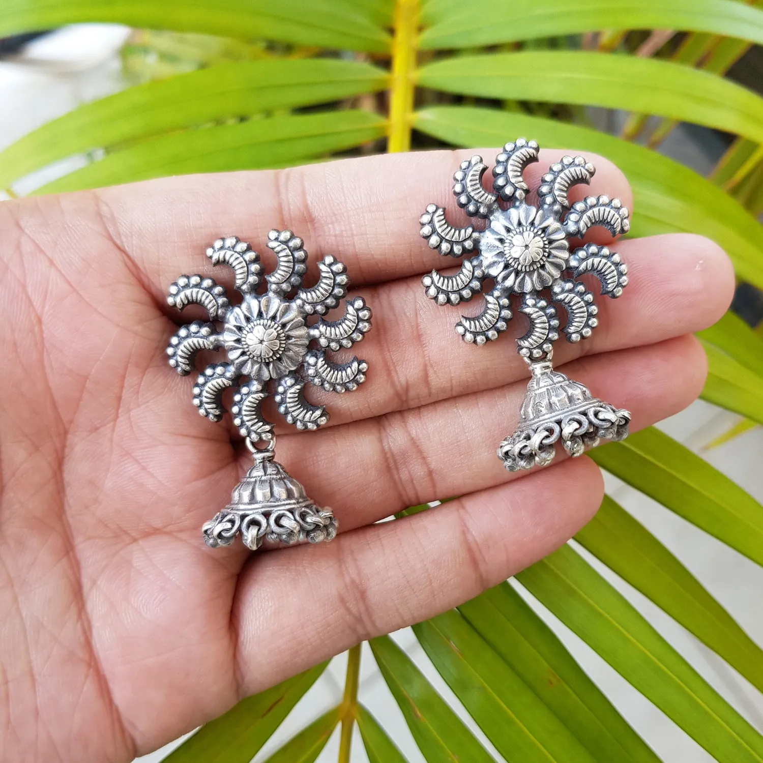 925 Silver Antique Look Big Flower Stud With Jhumki Drop