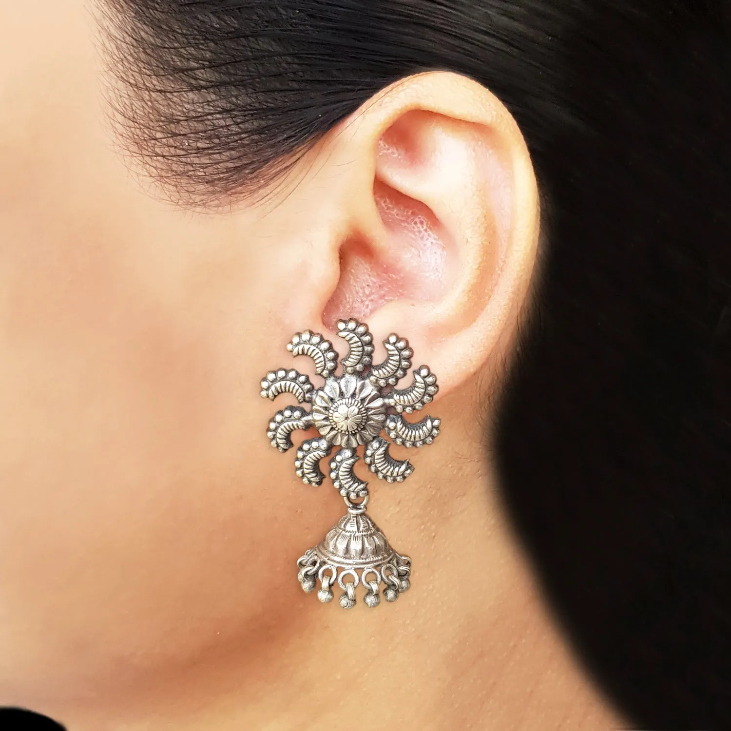 925 Silver Antique Look Big Flower Stud With Jhumki Drop