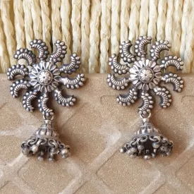 925 Silver Antique Look Big Flower Stud With Jhumki Drop