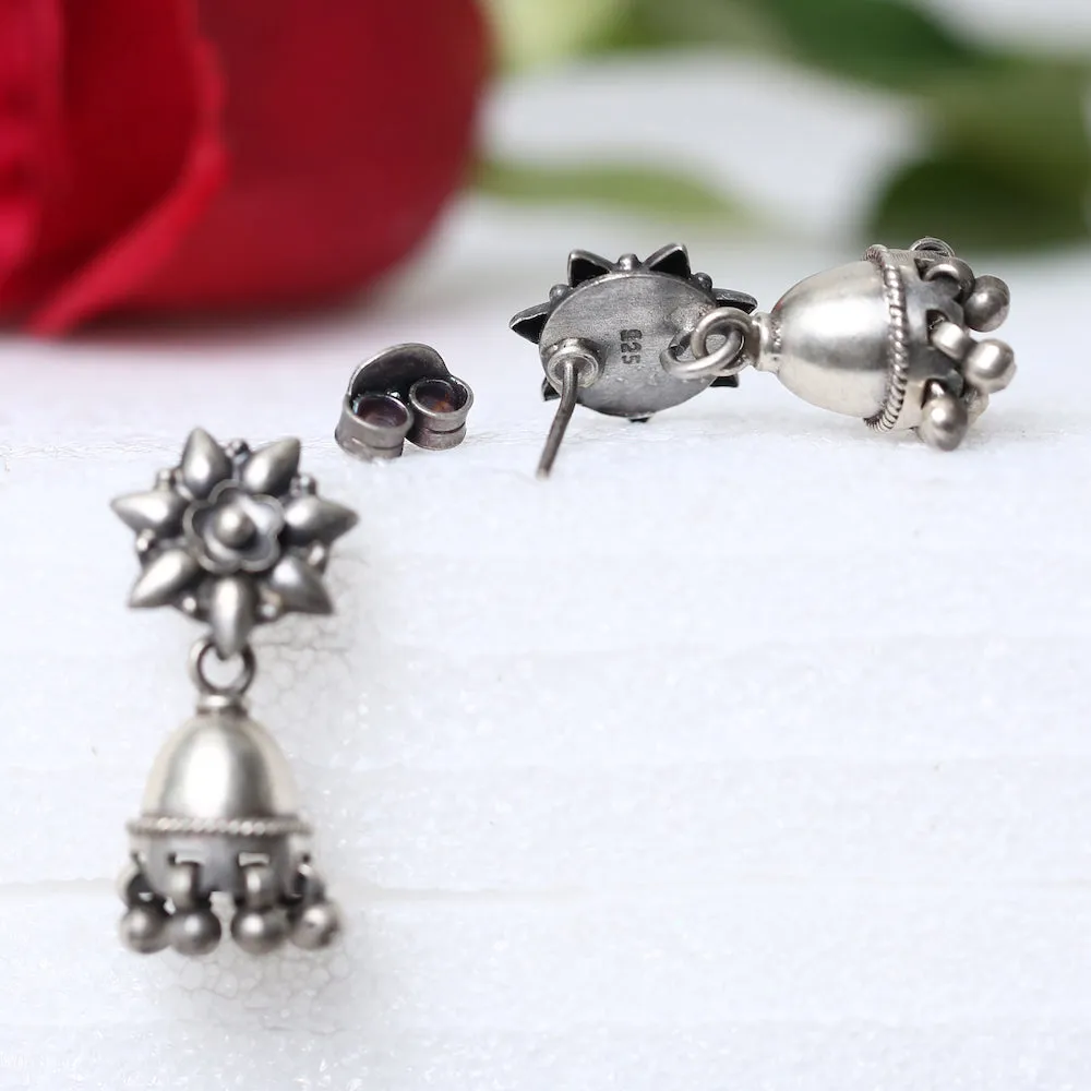 925 Silver Antique Look Flower Earrings With Jhumki