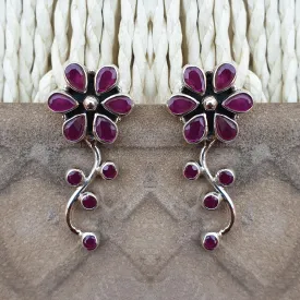 925 Silver Ruby Red Flower Leaf Earrings