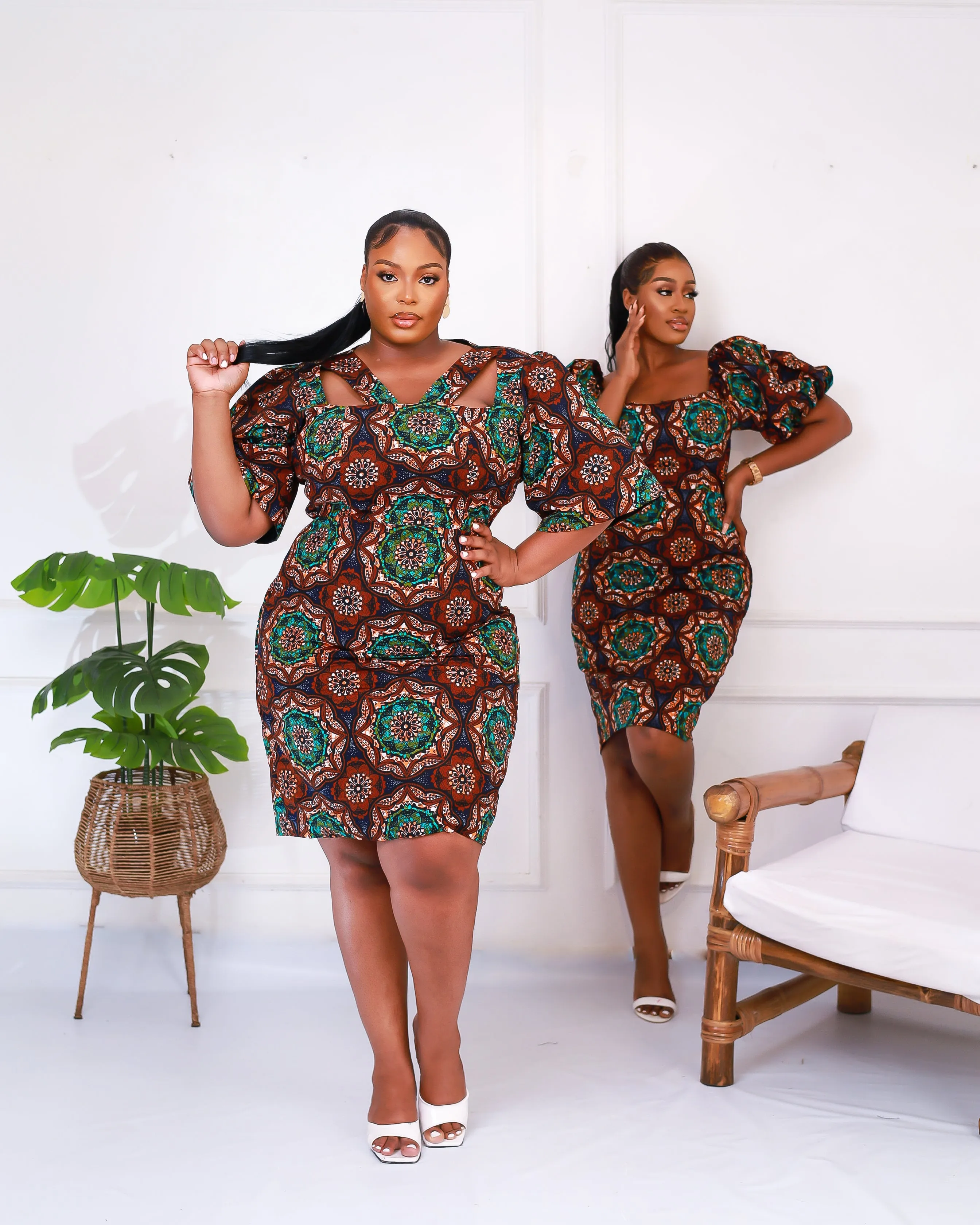 African Print Fitted Knee Length Dress - Omassi