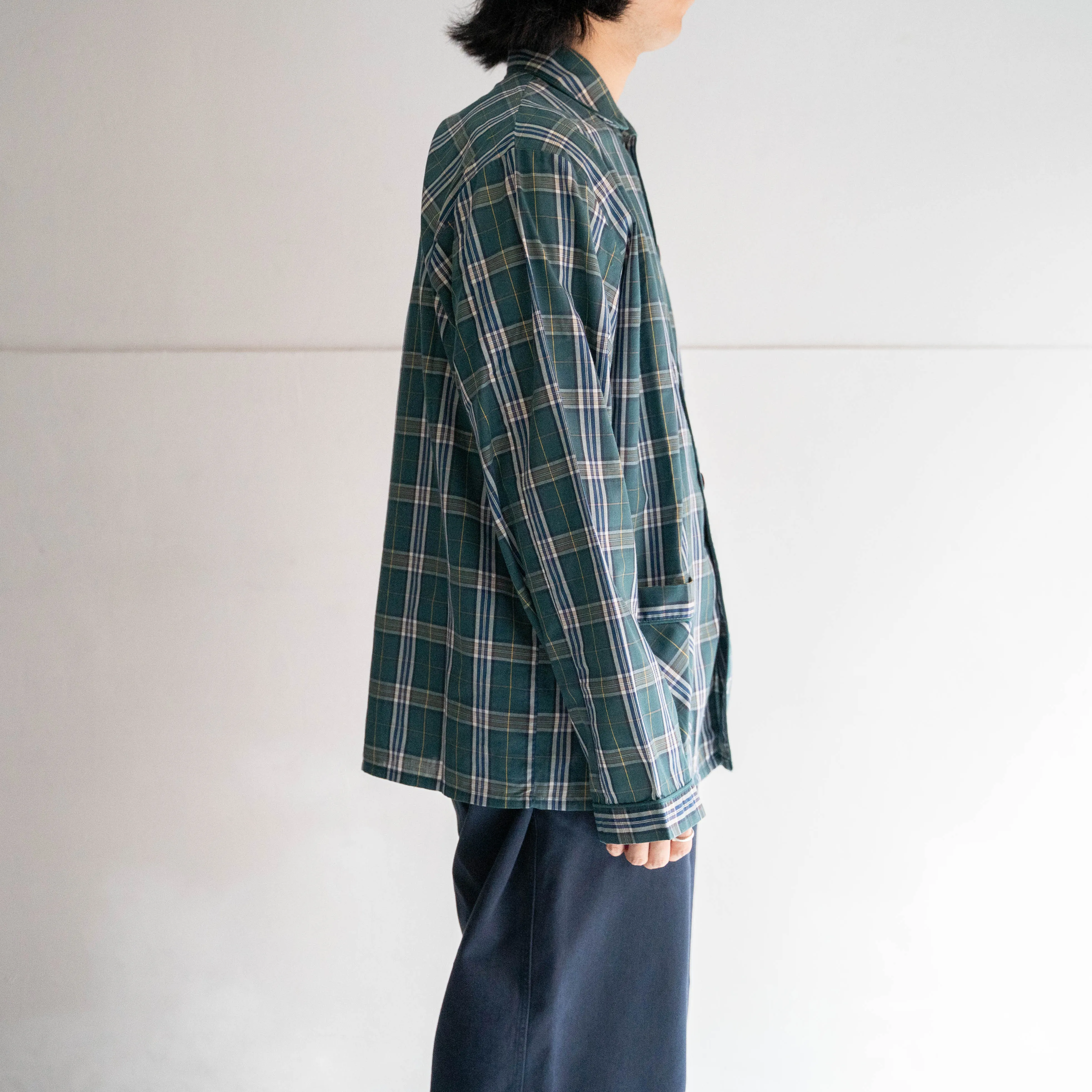 around 1980s France green base checked pajama shirt