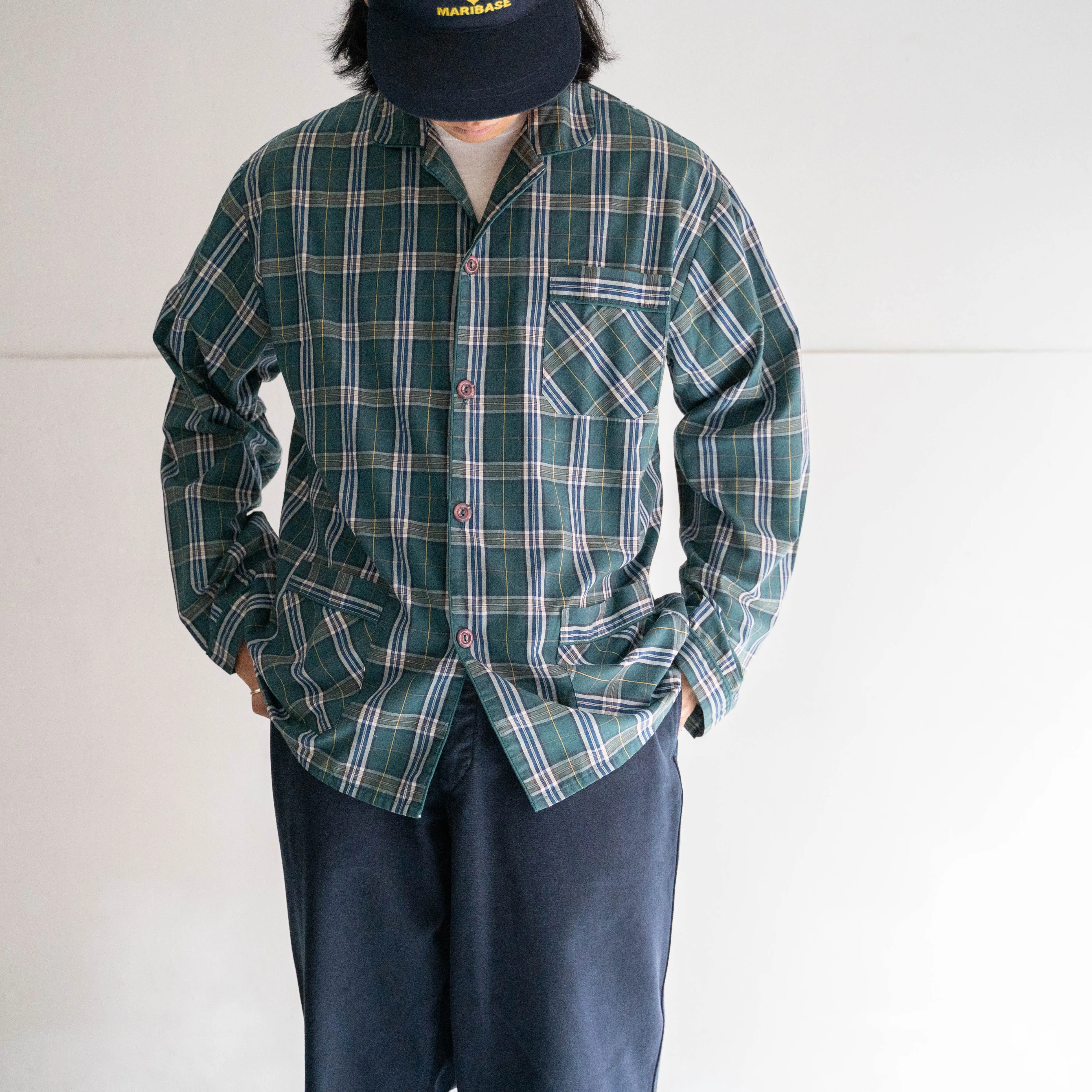around 1980s France green base checked pajama shirt