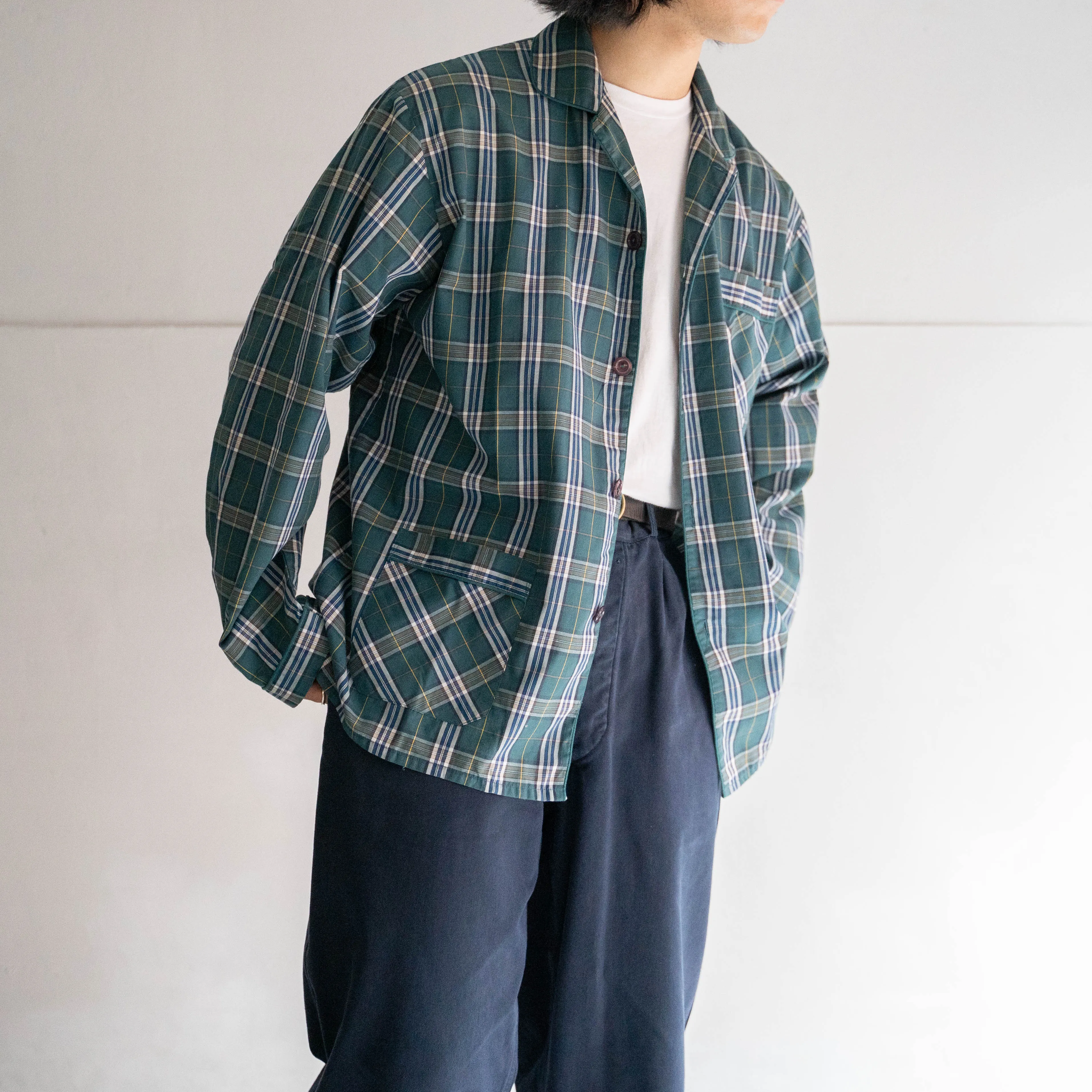 around 1980s France green base checked pajama shirt