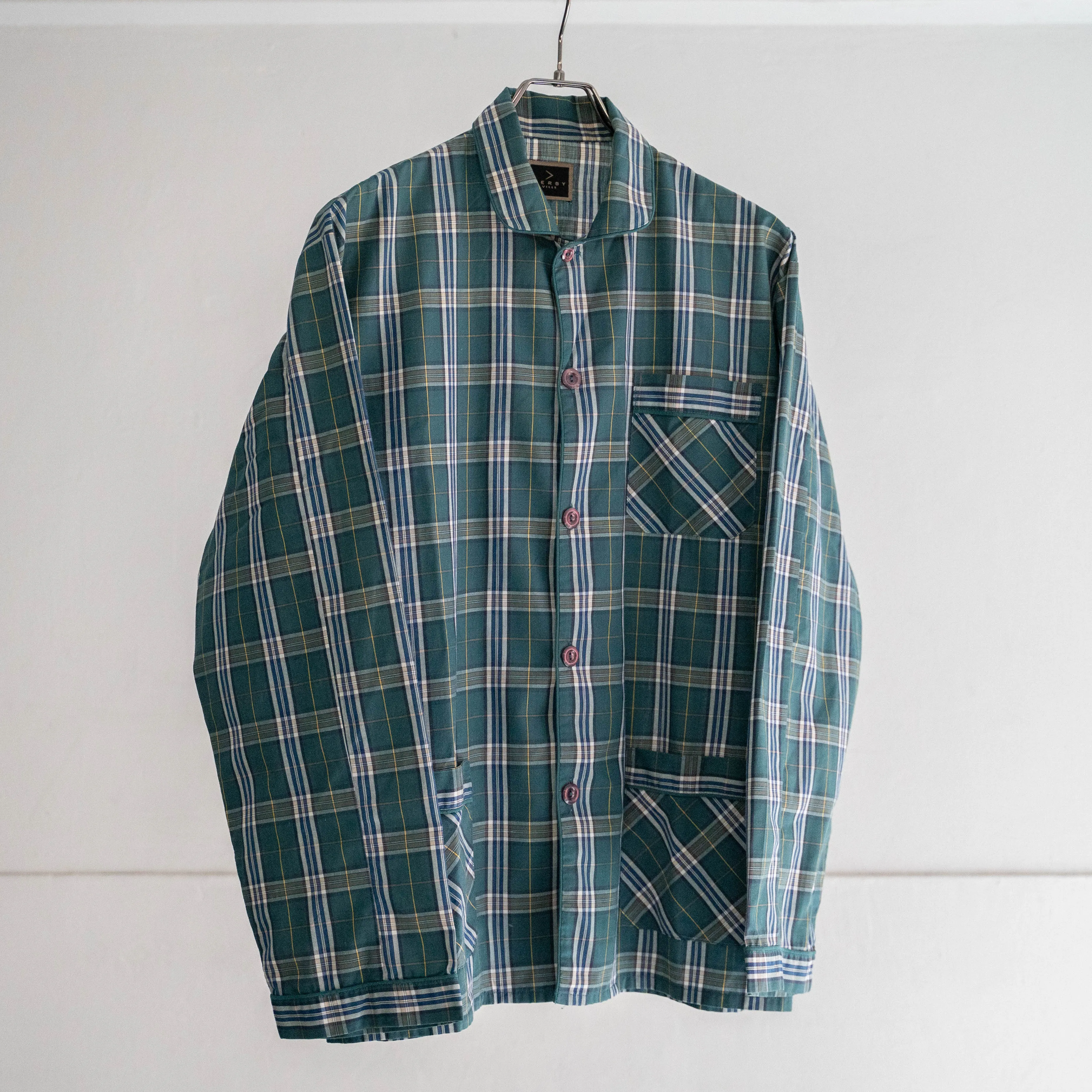 around 1980s France green base checked pajama shirt