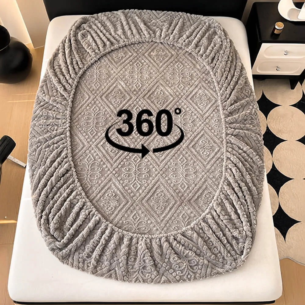 Baroque Style Embossed Warm Milk Velvet Fitted Sheet Mattress Cover