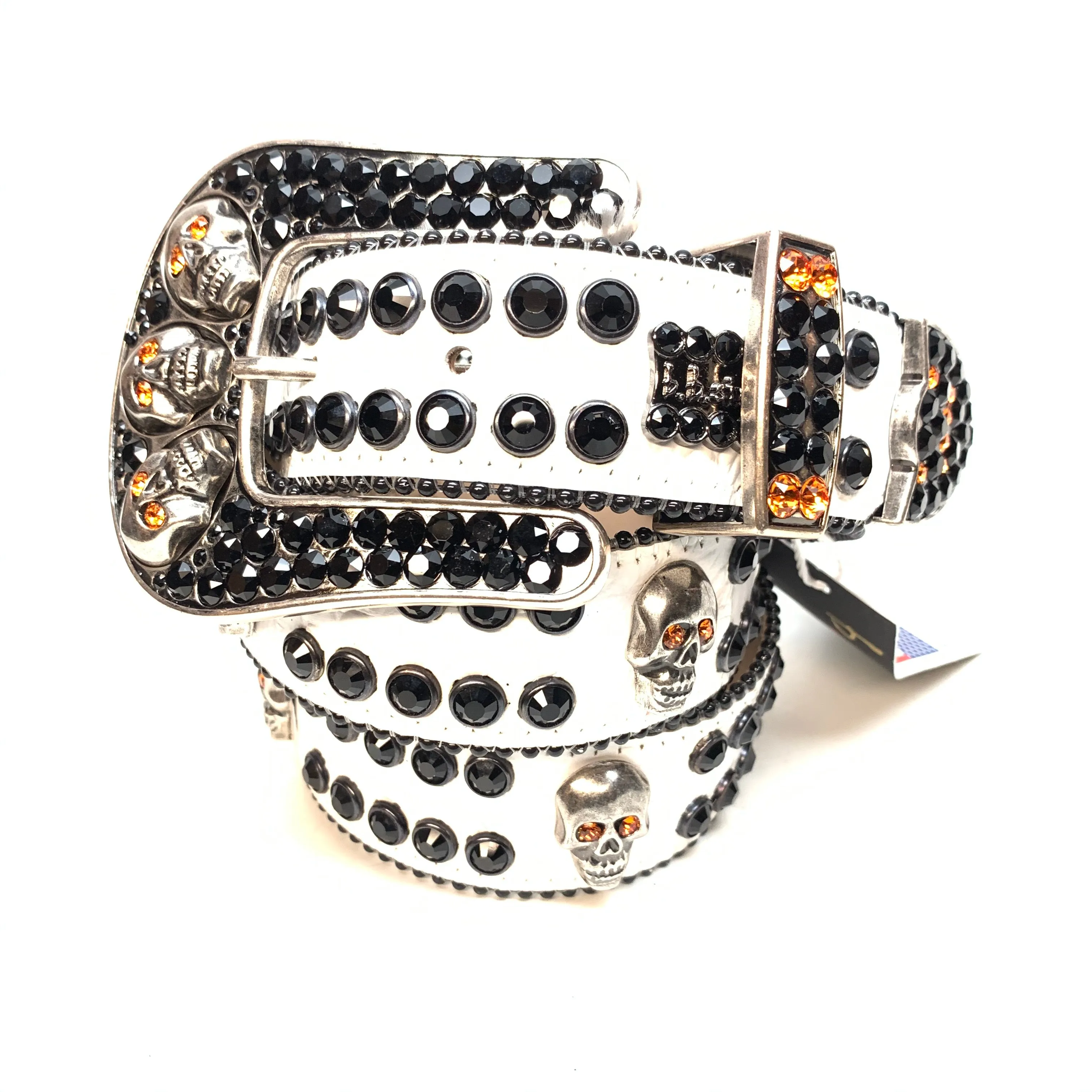 b.b. Simon White Black Skull Double Row Crystal Belt