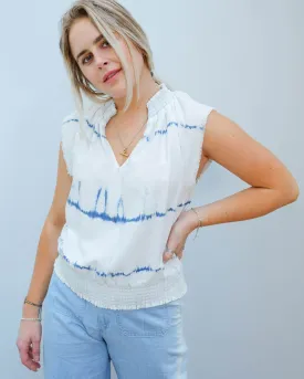 BD 4436 Shirred tie waist top in indigo white out