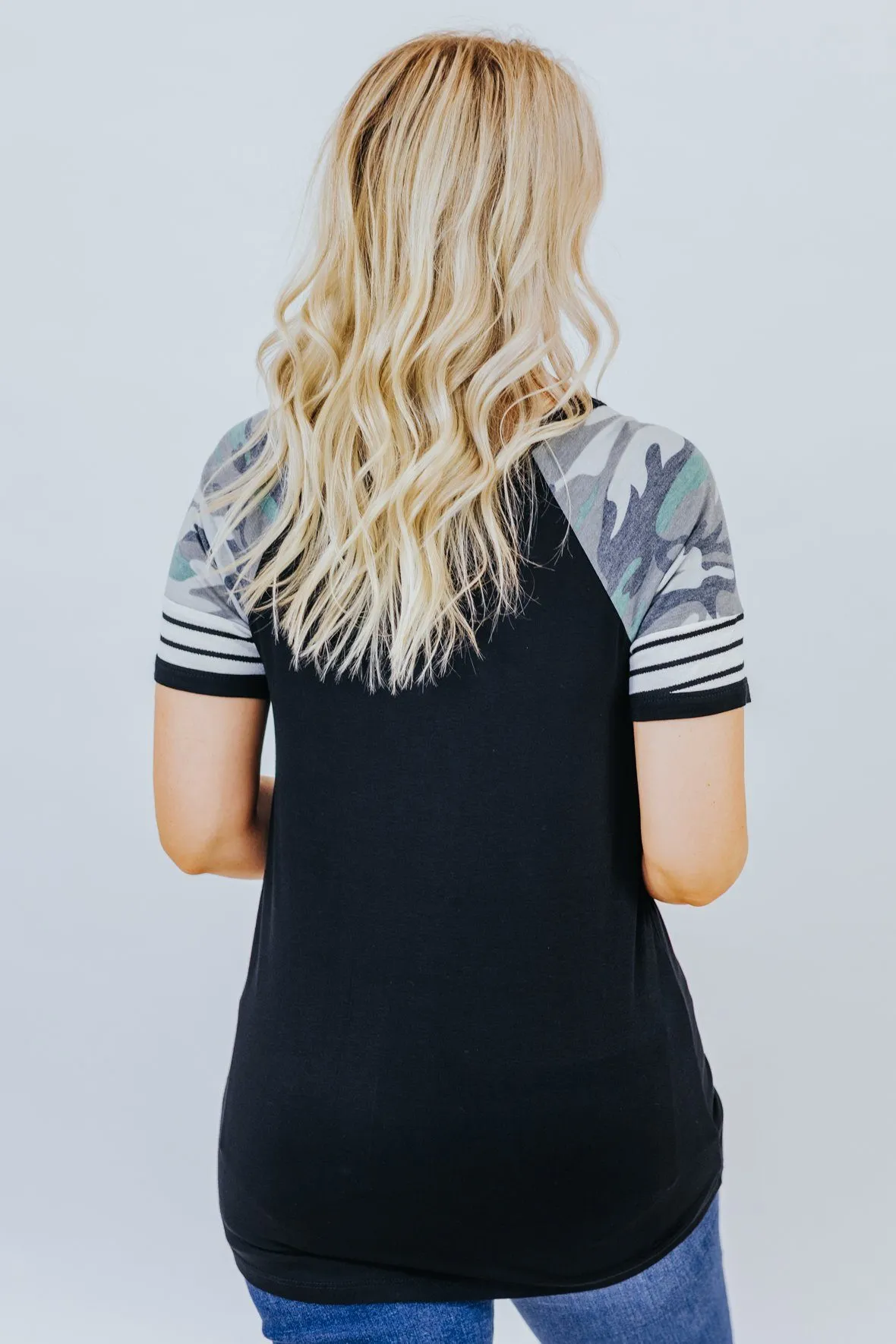 Be A Fighter Camo and Stripe Detail Short Sleeve Top in Black