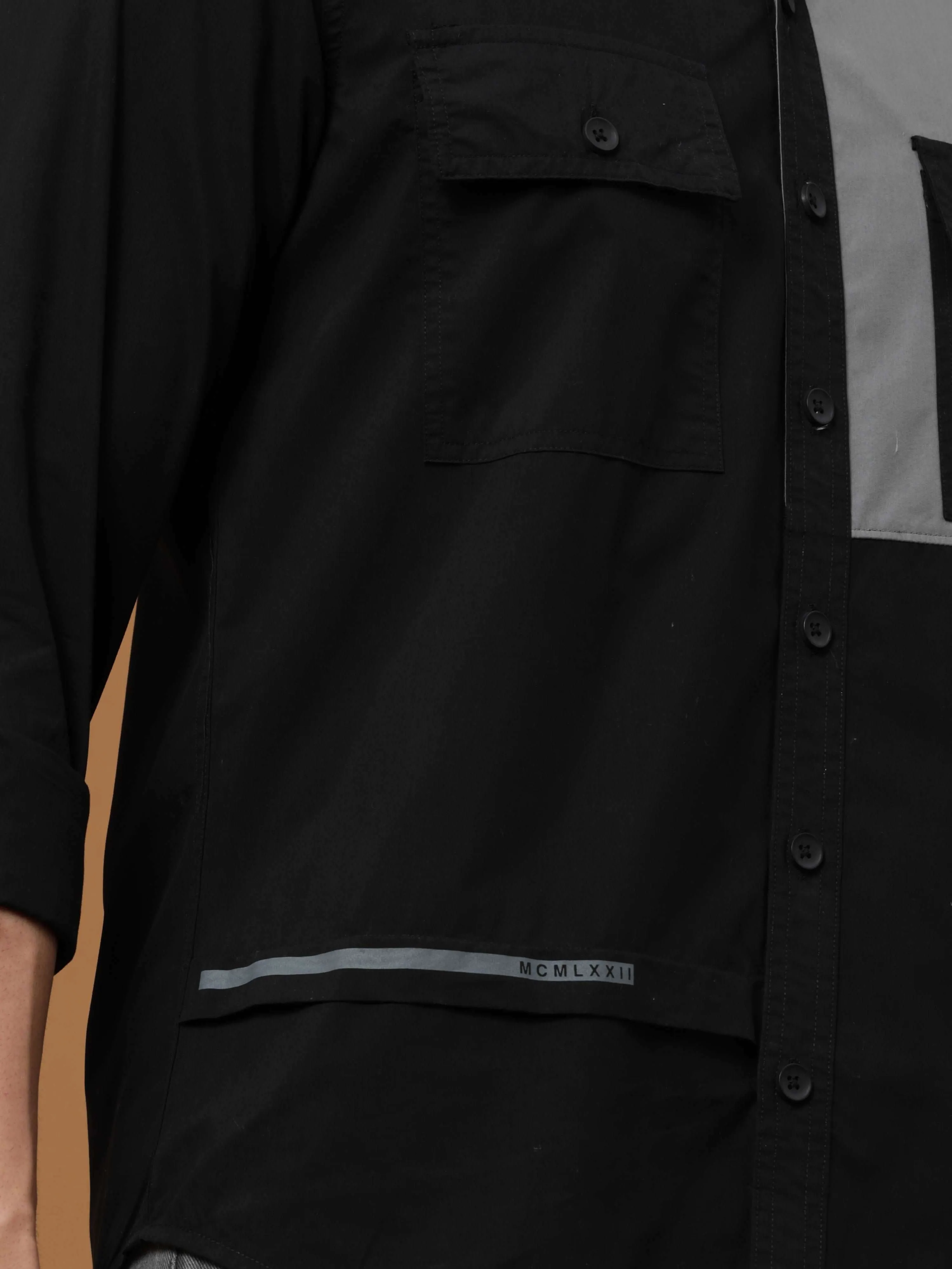 Black Contrast Patch Cargo Shirt