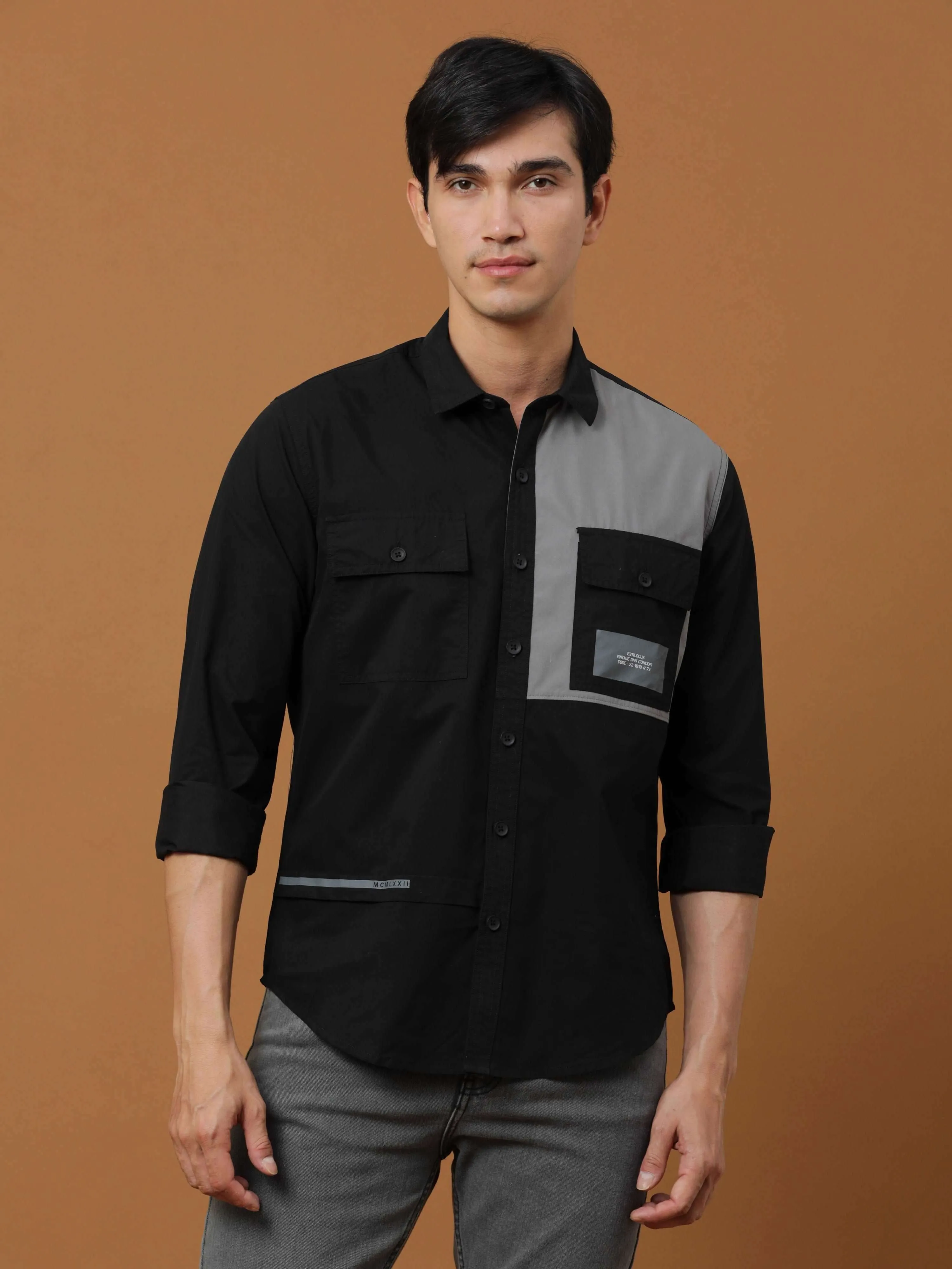 Black Contrast Patch Cargo Shirt