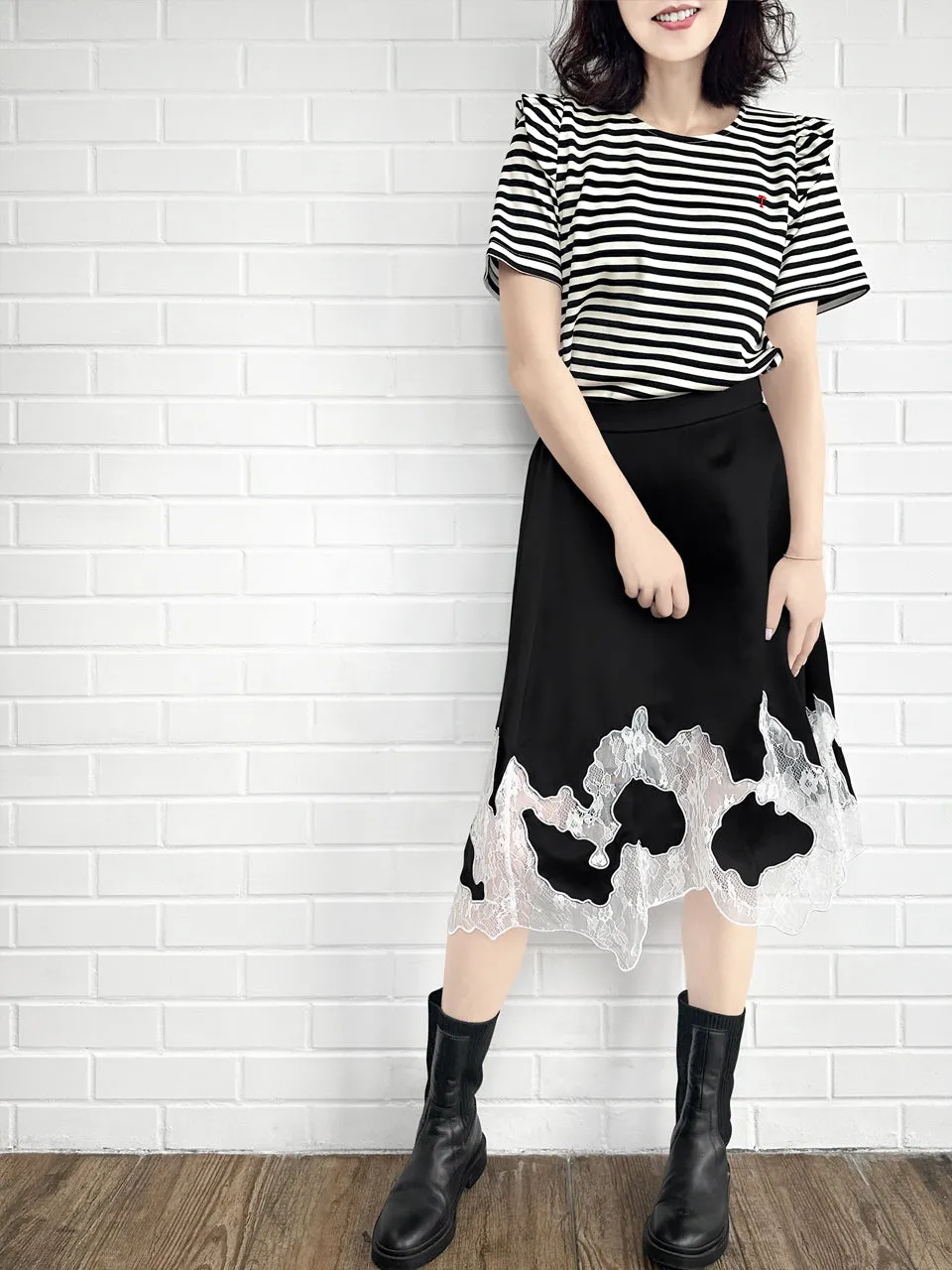Black Silk Asymmetric Lace Trim Knee Length A-line Skirt