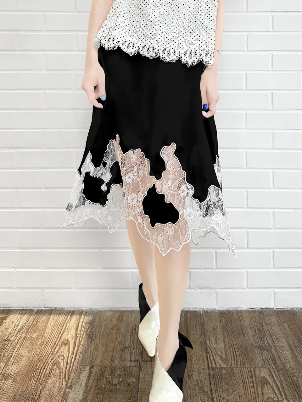 Black Silk Asymmetric Lace Trim Knee Length A-line Skirt