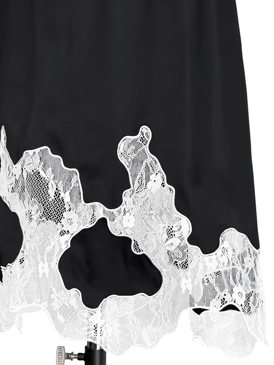 Black Silk Asymmetric Lace Trim Knee Length A-line Skirt