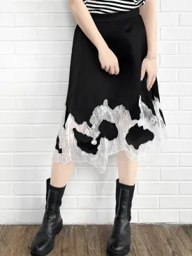 Black Silk Asymmetric Lace Trim Knee Length A-line Skirt