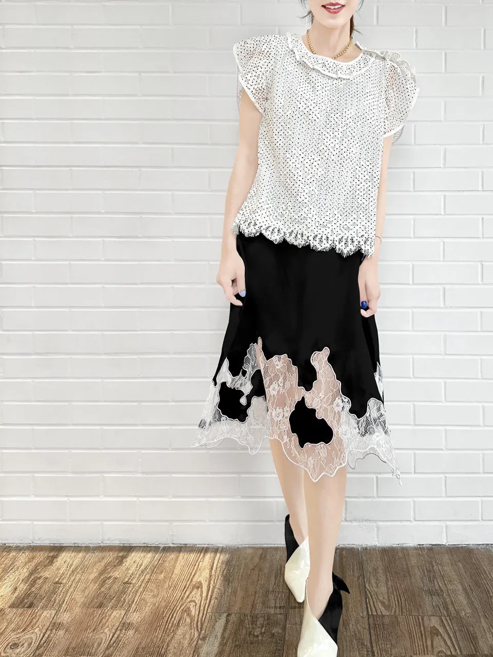 Black Silk Asymmetric Lace Trim Knee Length A-line Skirt