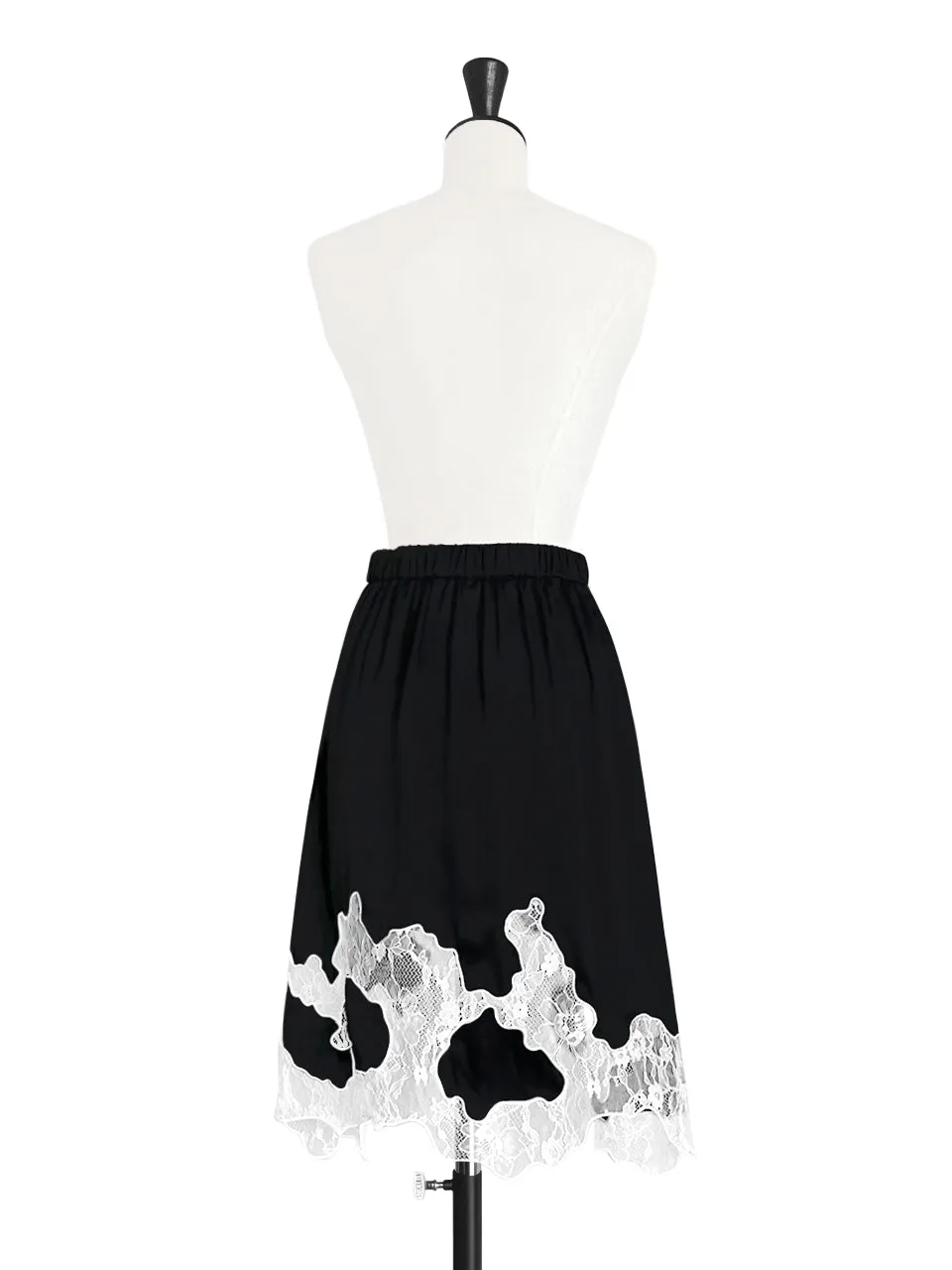 Black Silk Asymmetric Lace Trim Knee Length A-line Skirt
