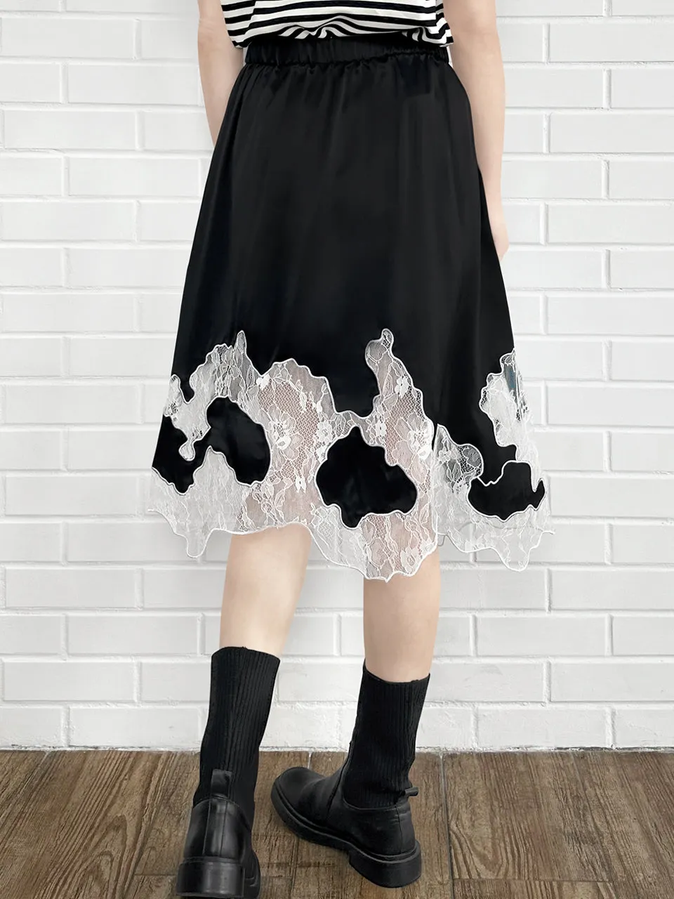 Black Silk Asymmetric Lace Trim Knee Length A-line Skirt