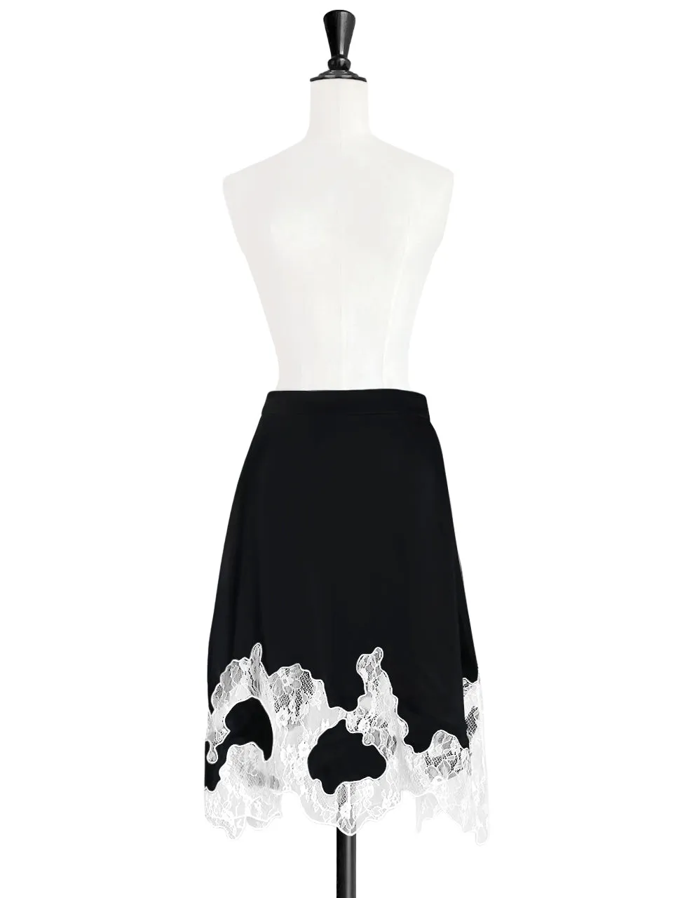 Black Silk Asymmetric Lace Trim Knee Length A-line Skirt