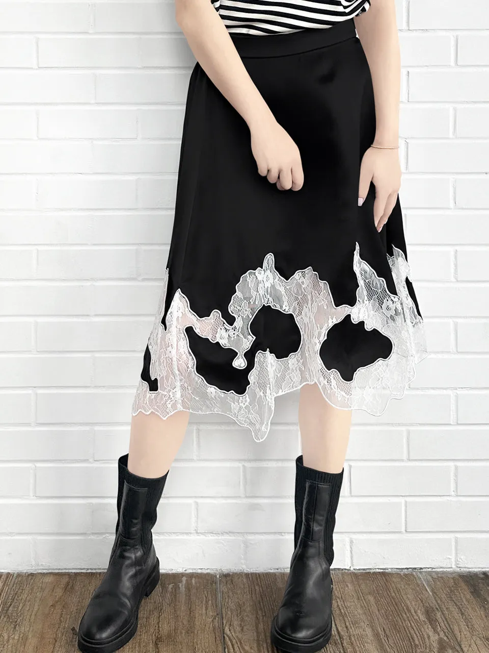 Black Silk Asymmetric Lace Trim Knee Length A-line Skirt