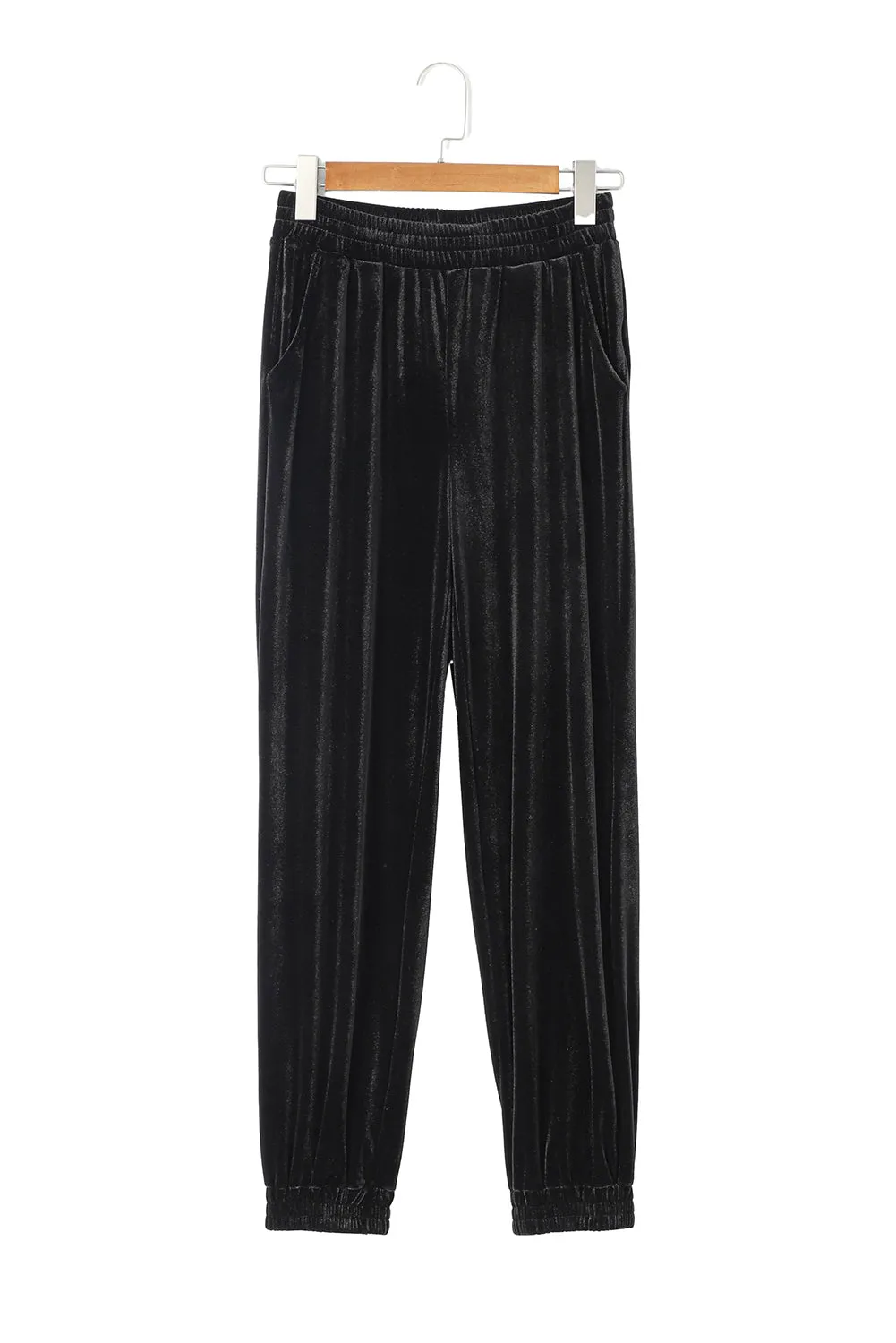 Black Solid Velvet Jogger Pants