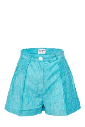 Blue Crinkle Button Pleated Short