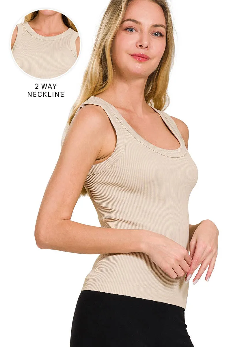 BONE IVORY TWO WAY NECKLINE WASHED RIBBED CROPPED TANK TOP