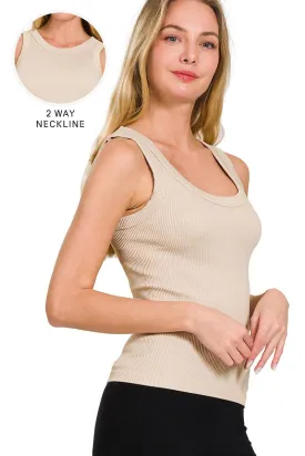BONE IVORY TWO WAY NECKLINE WASHED RIBBED CROPPED TANK TOP