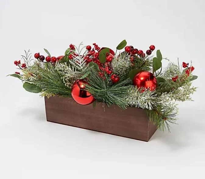 Cedar & Pine Centerpiece w/ Ornaments and Ribbon by Valerie Red/Black,