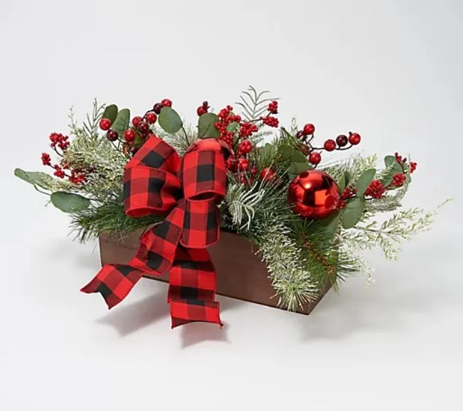 Cedar & Pine Centerpiece w/ Ornaments and Ribbon by Valerie Red/Black,