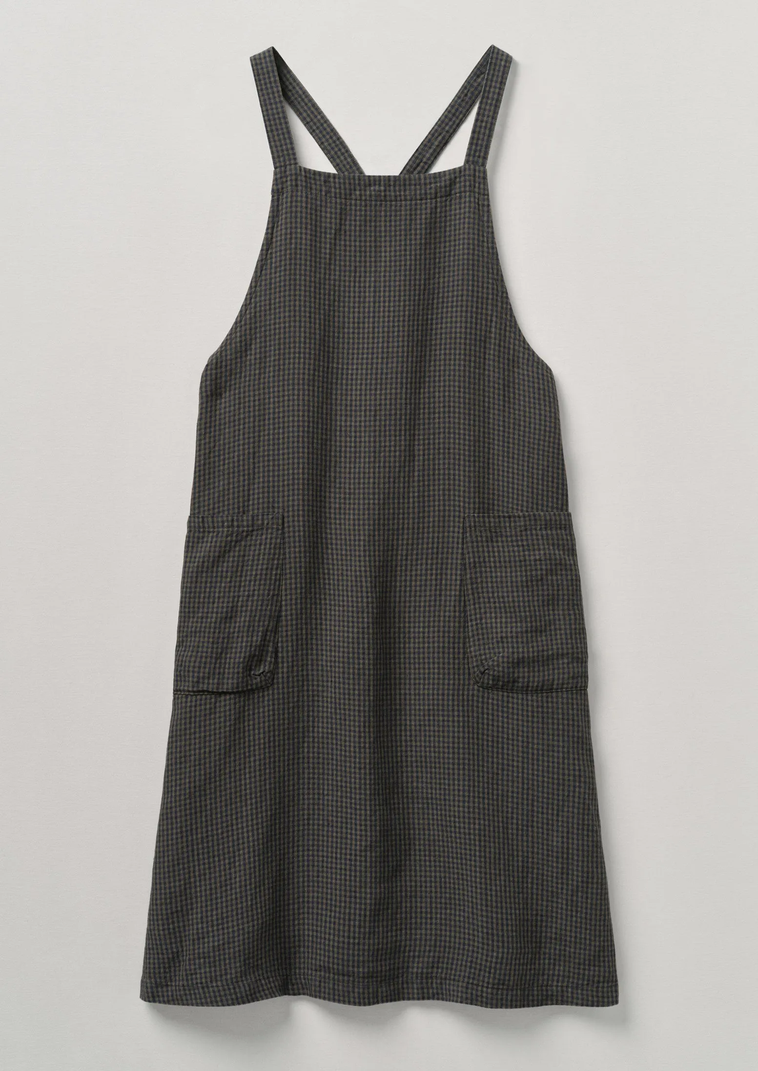 Check Linen Crossback Pinafore Apron | Navy/Chestnut
