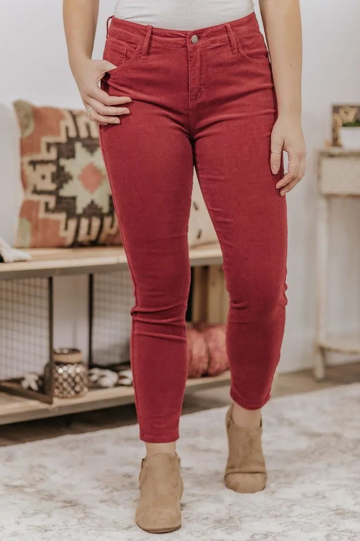 Cherry Cello Mid Rise Courduroy Crop Skinny Jean in Dark Cherry
